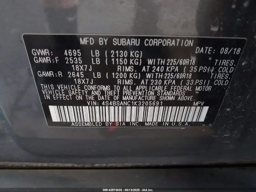 2019 SUBARU OUTBACK 2.5I LIMITED