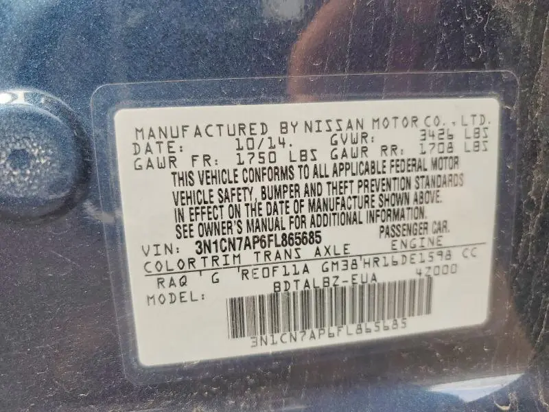 2015 NISSAN VERSA 1.6 SV  