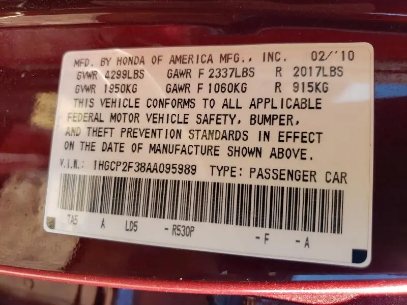 2010 HONDA ACCORD LX  