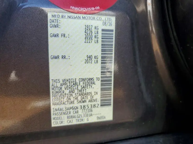 2016 NISSAN ALTIMA 2.5 S  