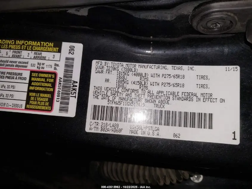 2016 TOYOTA TUNDRA LIMITED 5.7L V8