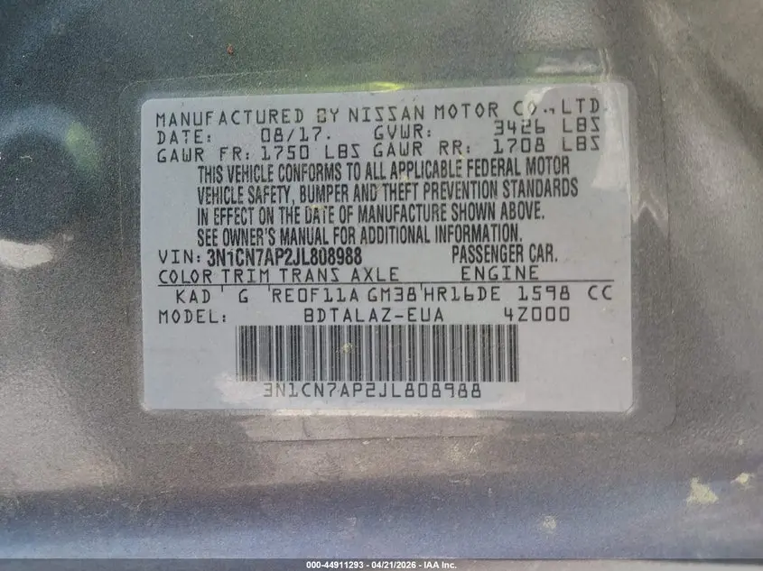 2018 NISSAN VERSA 1.6 S+