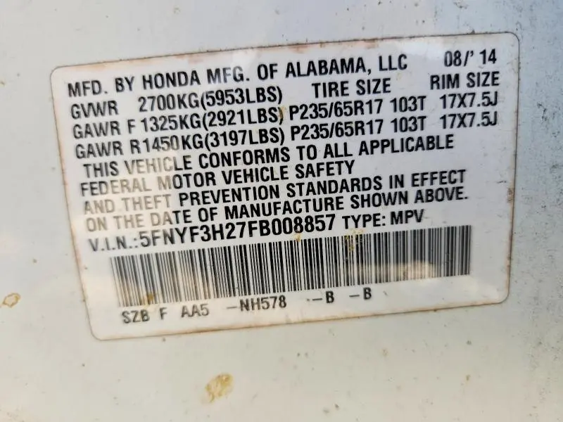2015 HONDA PILOT LX  