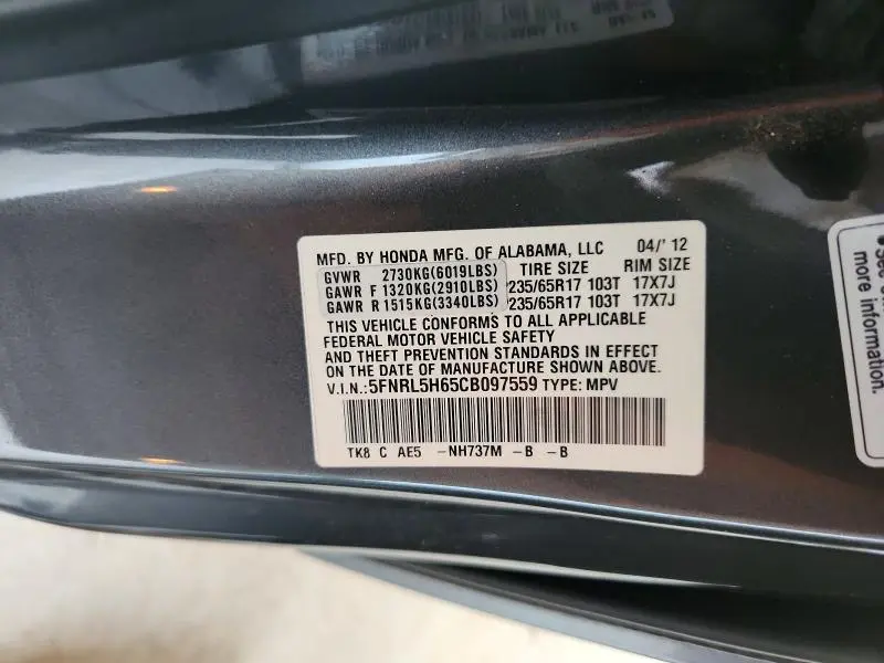 2012 HONDA ODYSSEY EXL  