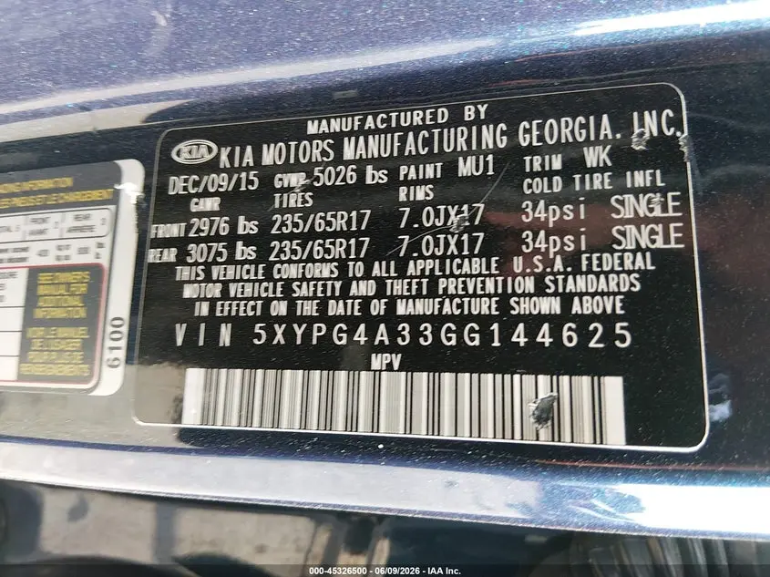 2016 KIA SORENTO 2.4L LX