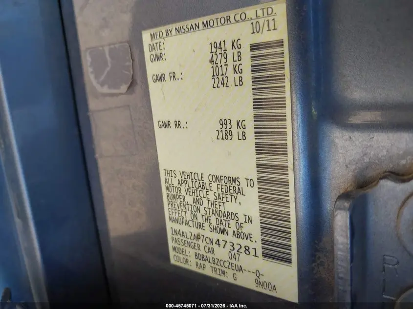 2012 NISSAN ALTIMA 2.5 S
