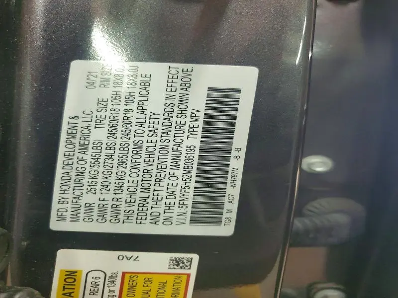 2021 HONDA PILOT EXL  