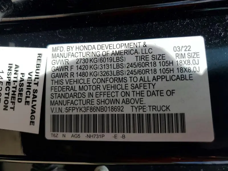 2022 HONDA RIDGELINE BLACK EDITION  