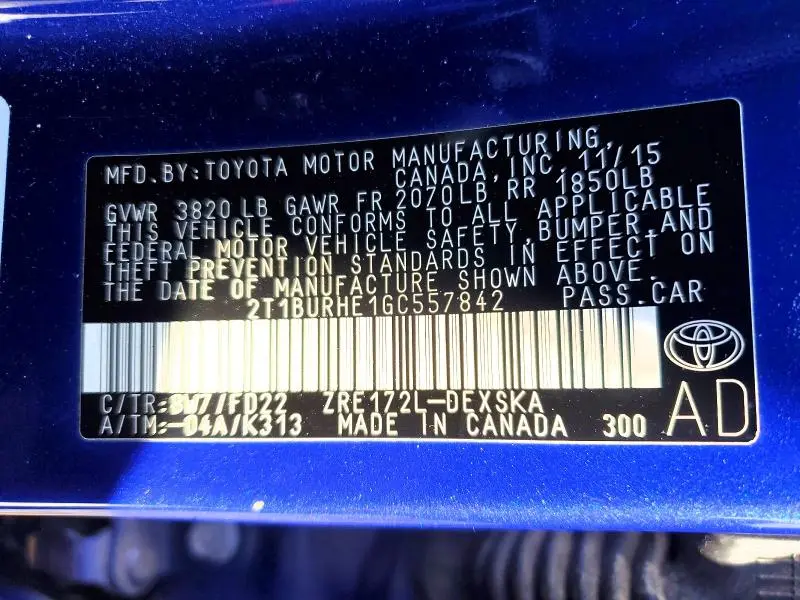 2016 TOYOTA COROLLA S PLUS  