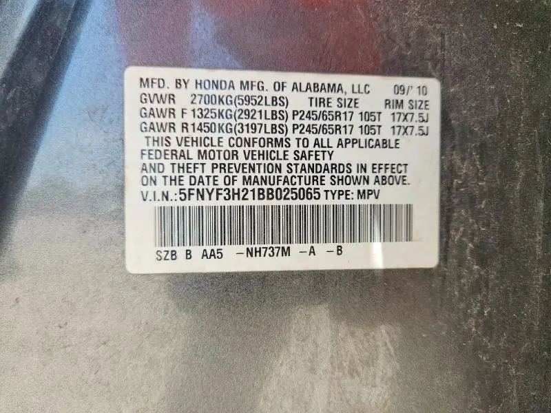 2011 HONDA PILOT LX  