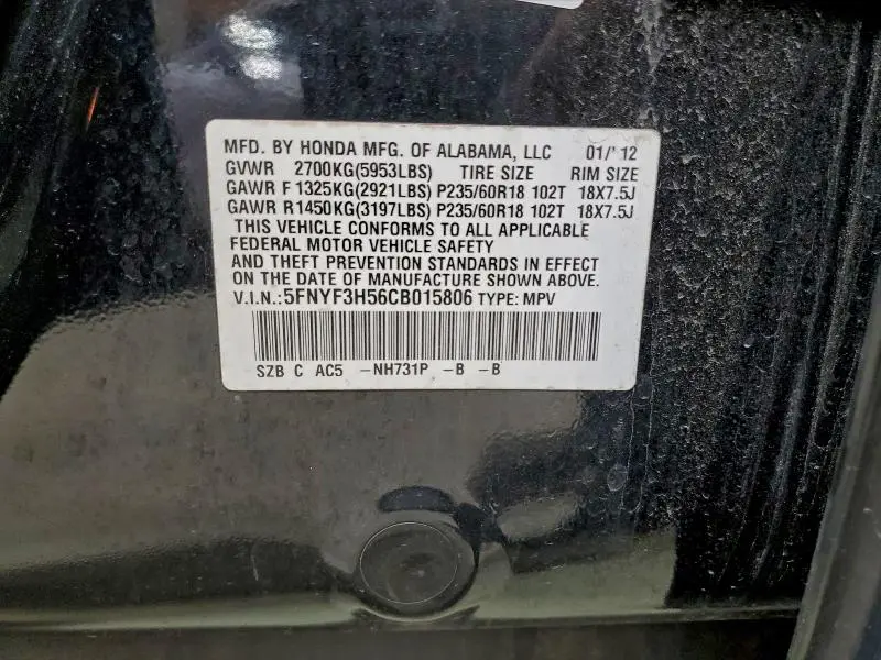 2012 HONDA PILOT EXL  