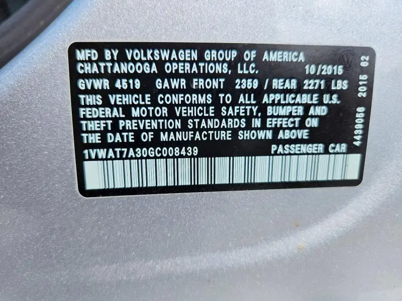 2016 VOLKSWAGEN PASSAT S  