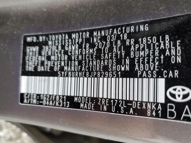 2018 TOYOTA COROLLA L  