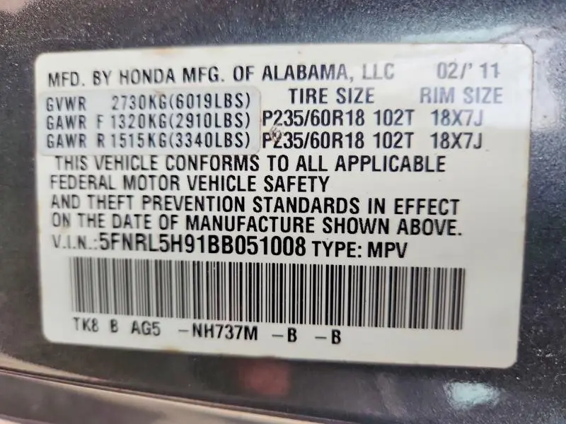 2011 HONDA ODYSSEY TOURING  