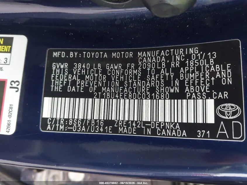 2013 TOYOTA COROLLA LE