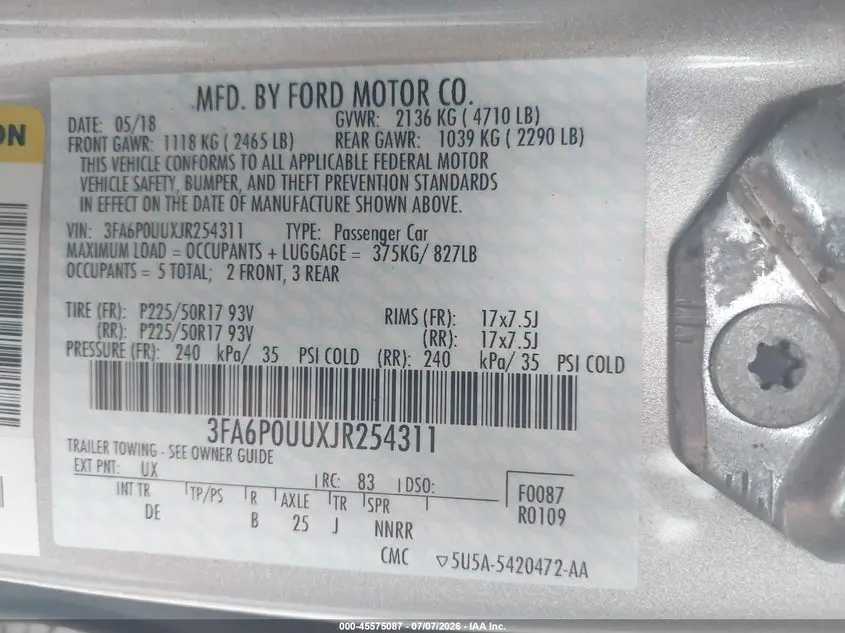 2018 FORD FUSION HYBRID S