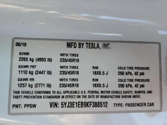2019 TESLA MODEL 3   