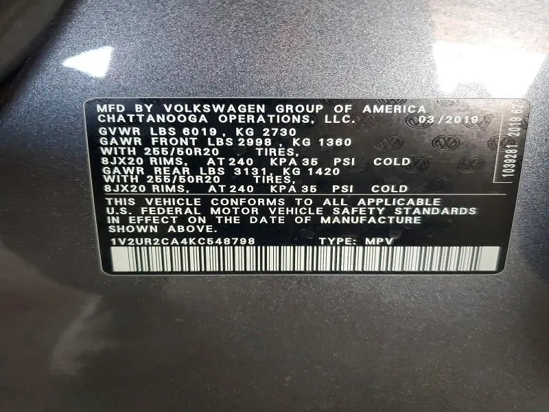2019 VOLKSWAGEN ATLAS SE  