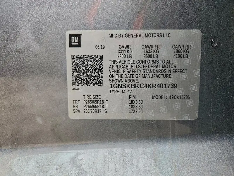 2019 CHEVROLET TAHOE K1500 LT  