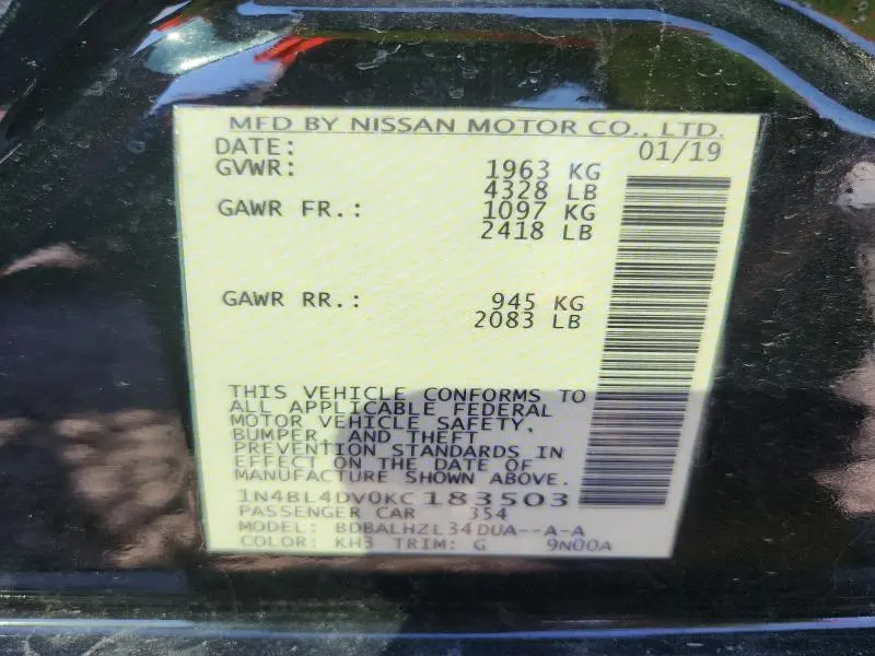 2019 NISSAN ALTIMA SV  