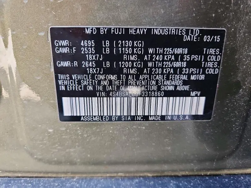 2015 SUBARU OUTBACK 2.5I LIMITED  