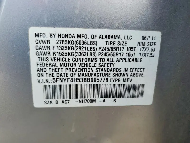 2011 HONDA PILOT EXL  