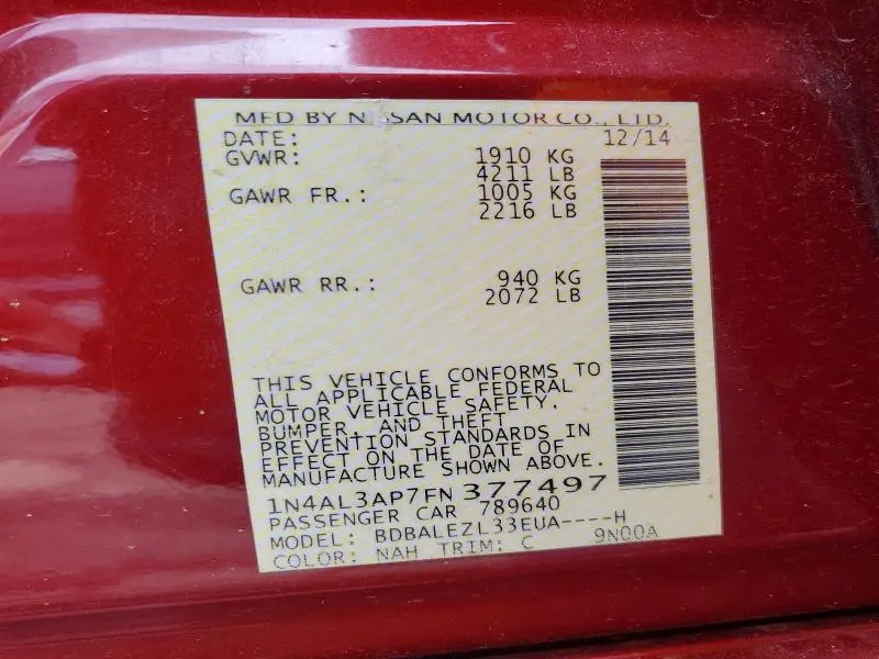 2015 NISSAN ALTIMA 2.5 S  