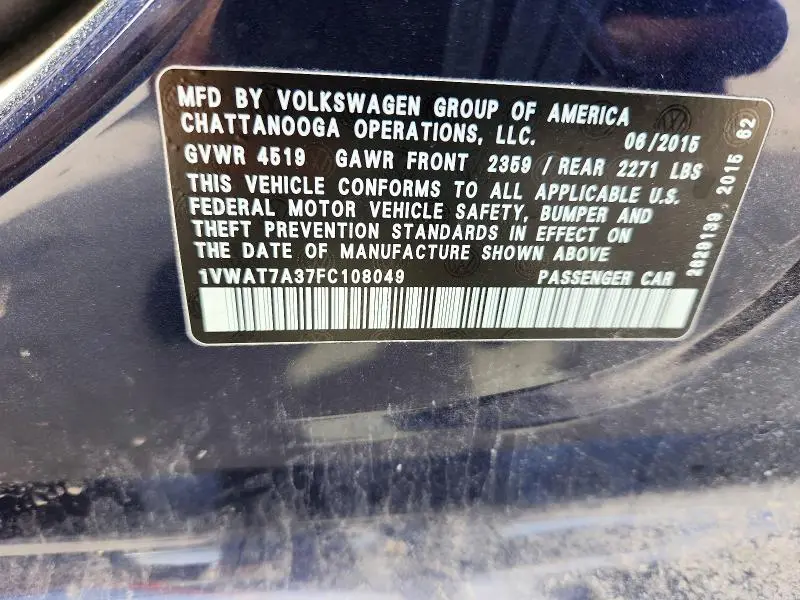 2015 VOLKSWAGEN PASSAT S  