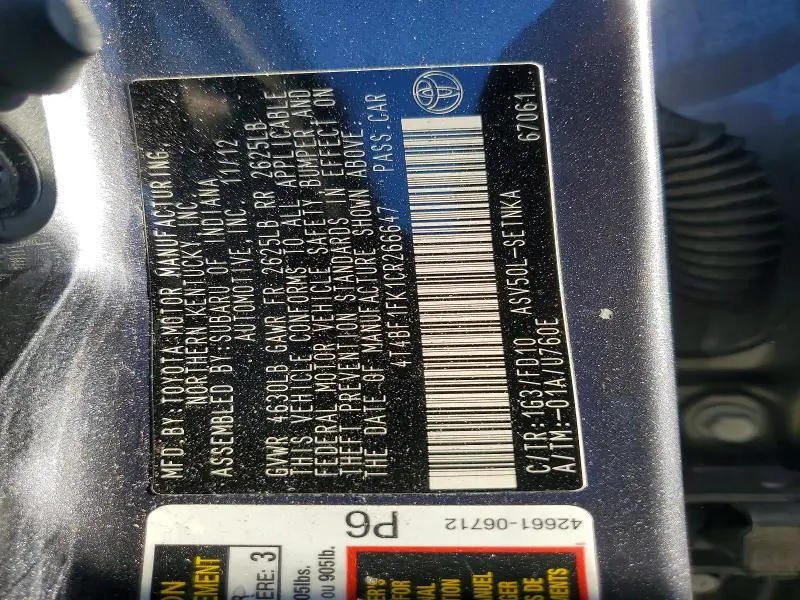 2012 TOYOTA CAMRY BASE  