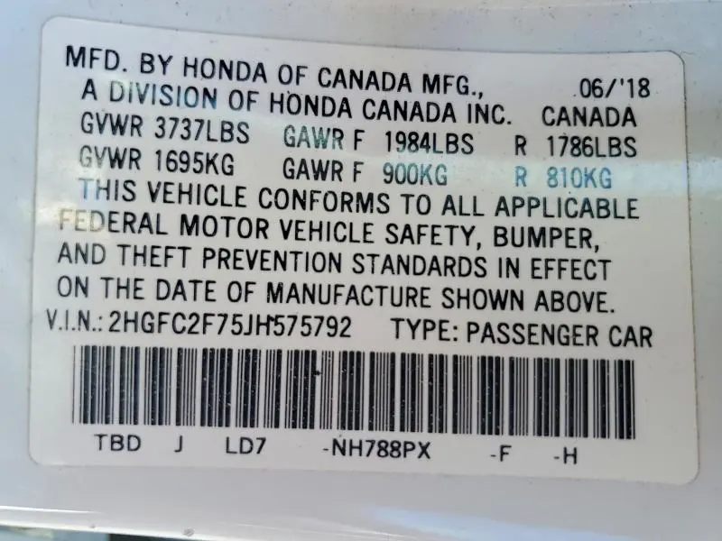 2018 HONDA CIVIC EX  