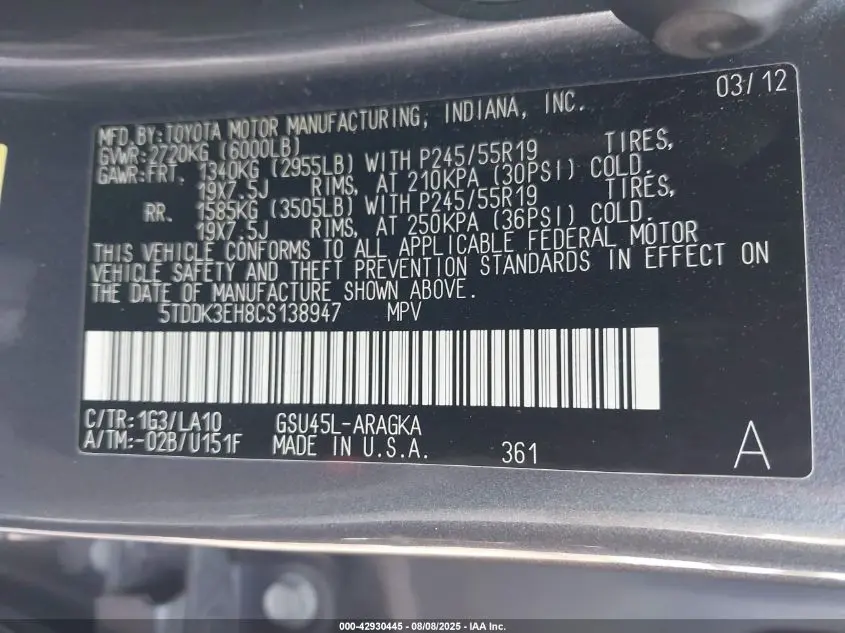 2012 TOYOTA HIGHLANDER LIMITED V6