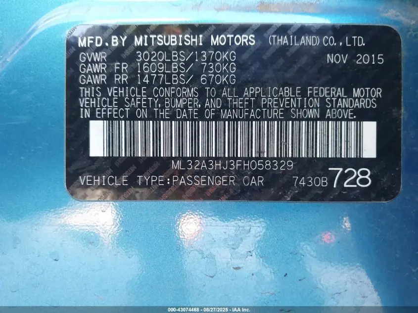 2015 MITSUBISHI MIRAGE DE