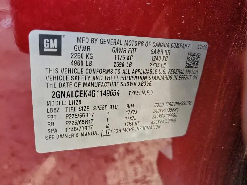 2016 CHEVROLET EQUINOX LT  