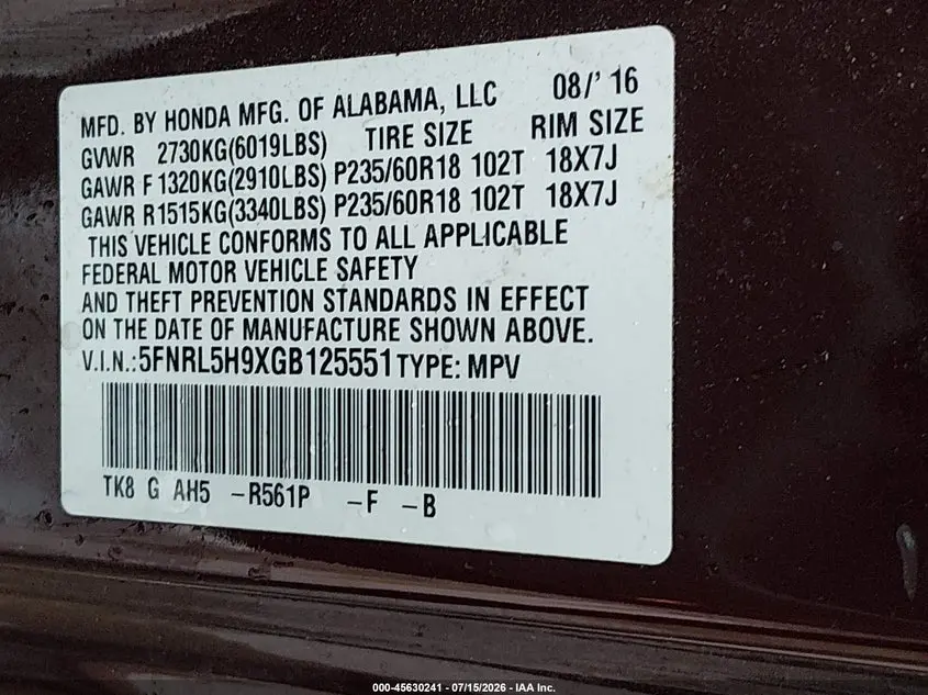 2016 HONDA ODYSSEY TOURING/TOURING ELITE