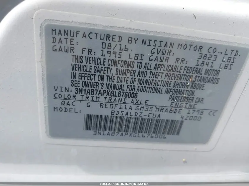 2016 NISSAN SENTRA SV