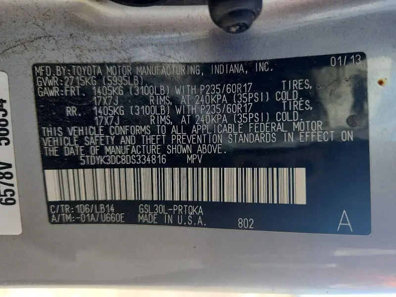 2013 TOYOTA SIENNA XLE 8-PASSENGER  