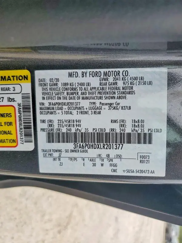 2020 FORD FUSION SE  