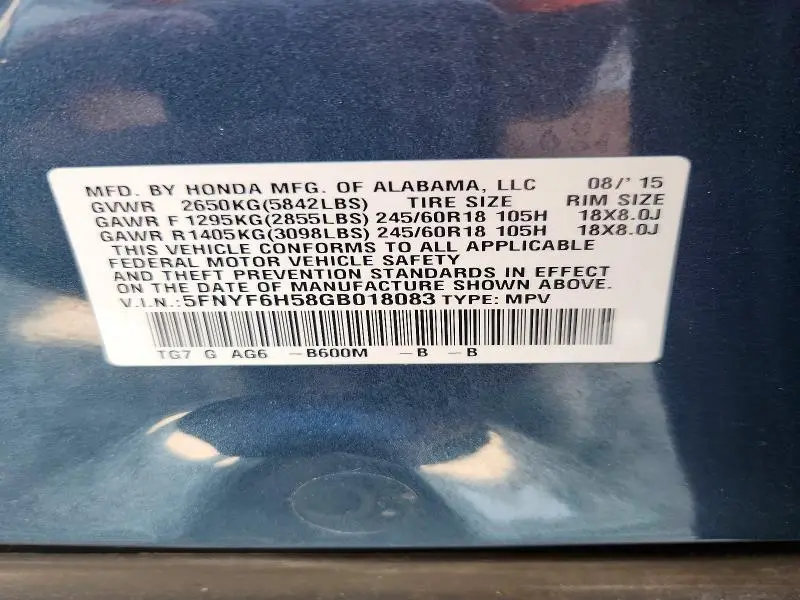 2016 HONDA PILOT EXL  