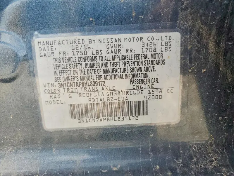 2017 NISSAN VERSA 1.6 SV  