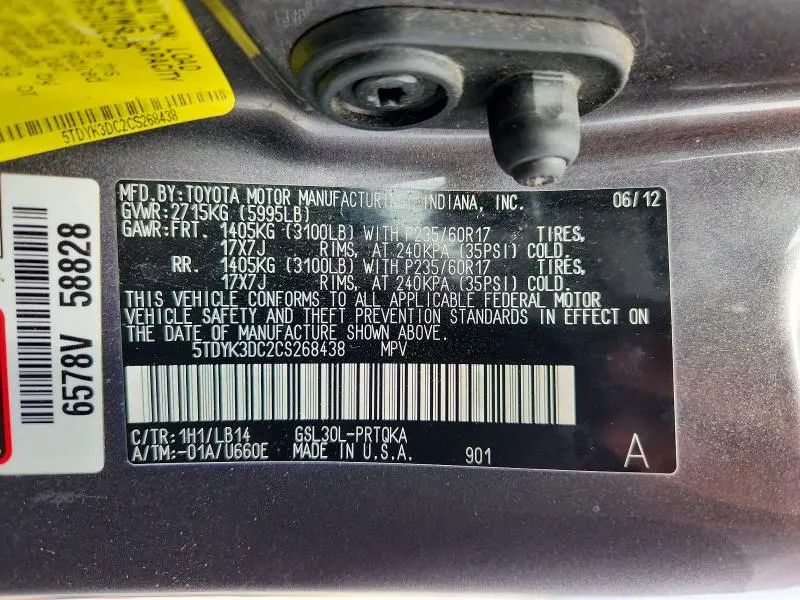 2012 TOYOTA SIENNA XLE 8-PASSENGER  