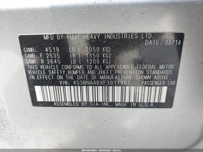 2015 SUBARU LEGACY 2.5I