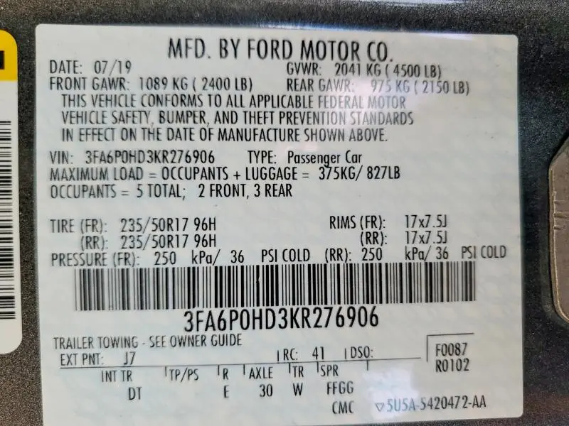 2019 FORD FUSION SE  