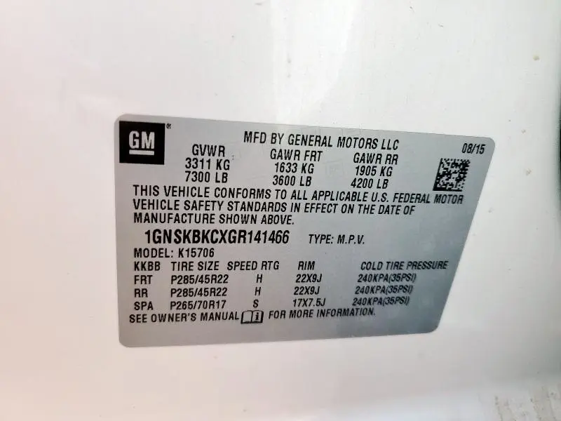 2016 CHEVROLET TAHOE K1500 LT  