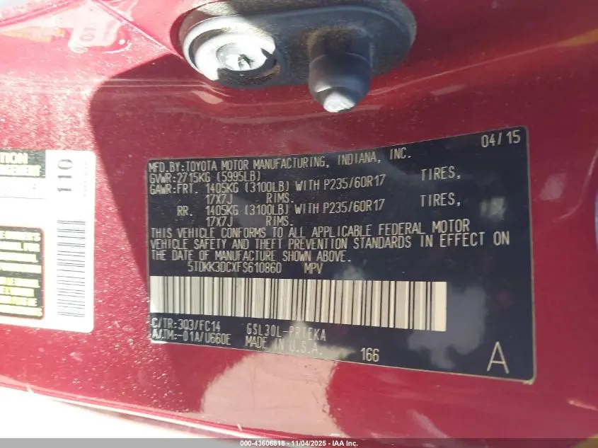 2015 TOYOTA SIENNA LE 8 PASSENGER