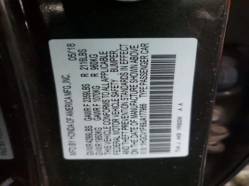 2018 HONDA ACCORD EXL  