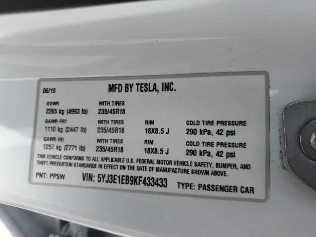 2019 TESLA MODEL 3   