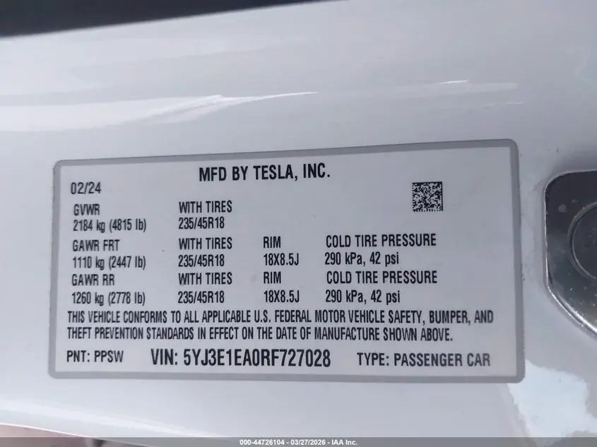 2024 TESLA MODEL 3 LONG RANGE DUAL MOTOR ALL-WHEEL DRIVE/REAR-WHEEL DRIVE