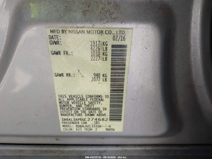 2016 NISSAN ALTIMA 2.5 SR