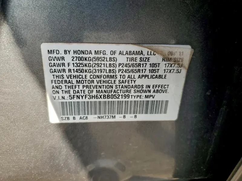 2011 HONDA PILOT EXL  