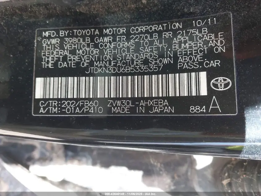 2011 TOYOTA PRIUS TWO